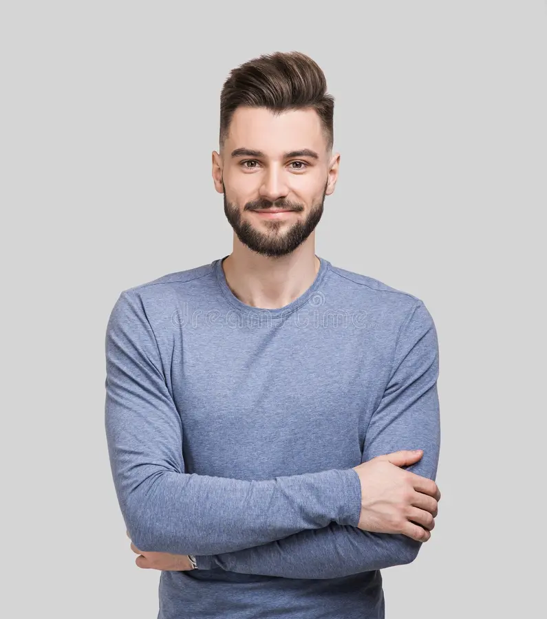 portrait cheerful smiling young man folded arms joyful handsome men crossed hands studio shot isolated gray 195089624